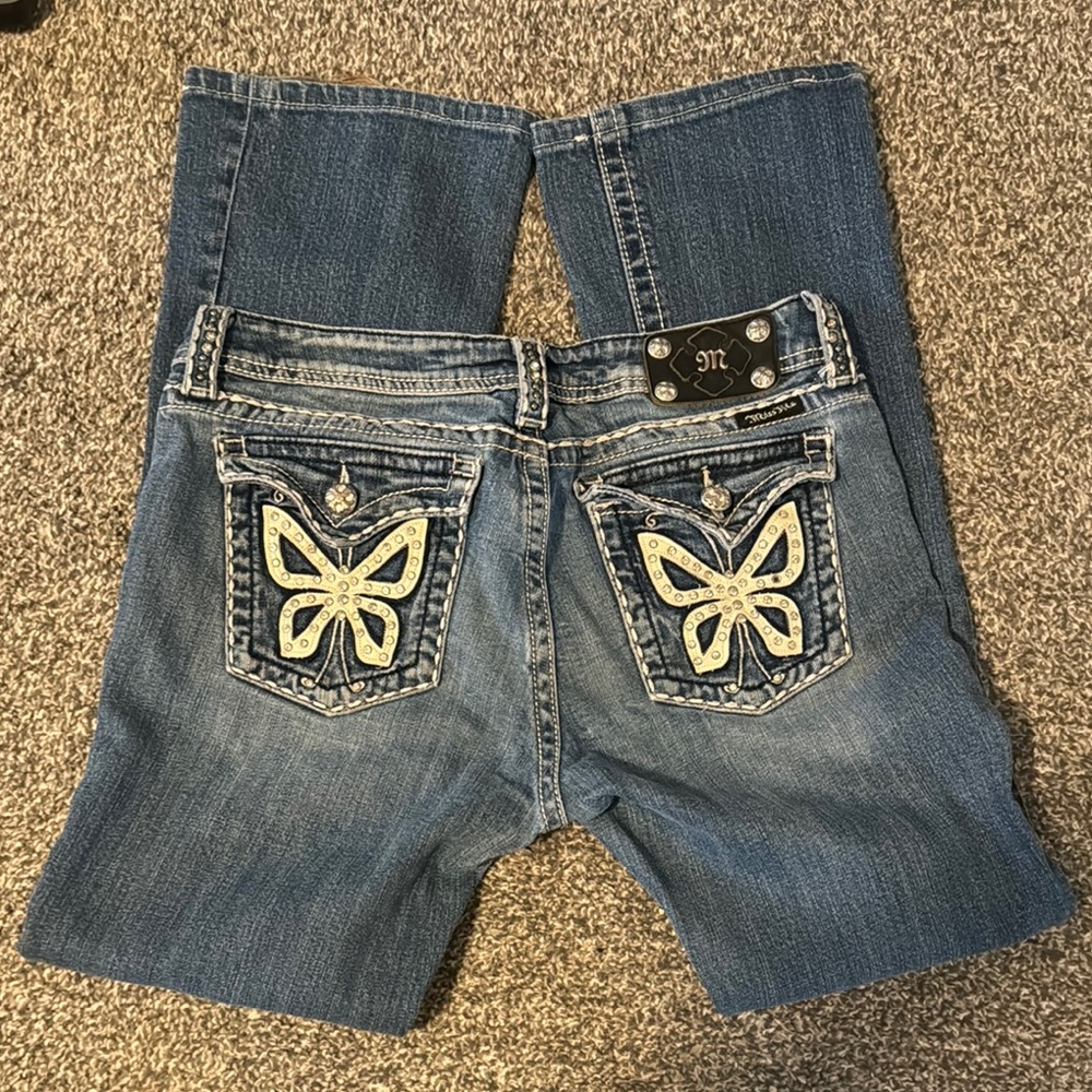 Miss Me Blue Boot Cut Jeans with Butterfly Embroidery